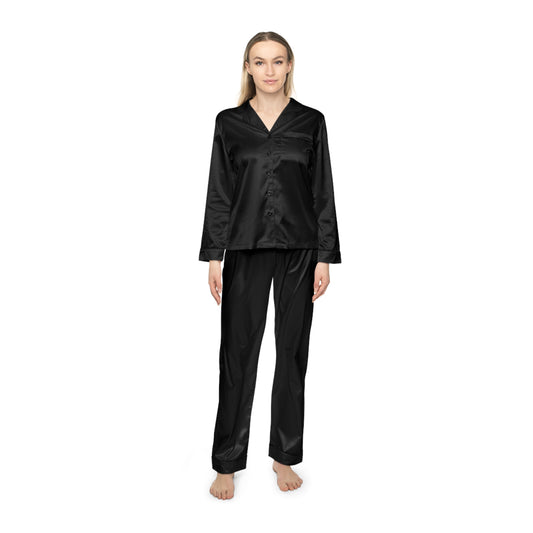 "Luxurious black satin pajama set with notch lapel collar and custom rebel design, showcasing alternative loungewear elegance"

