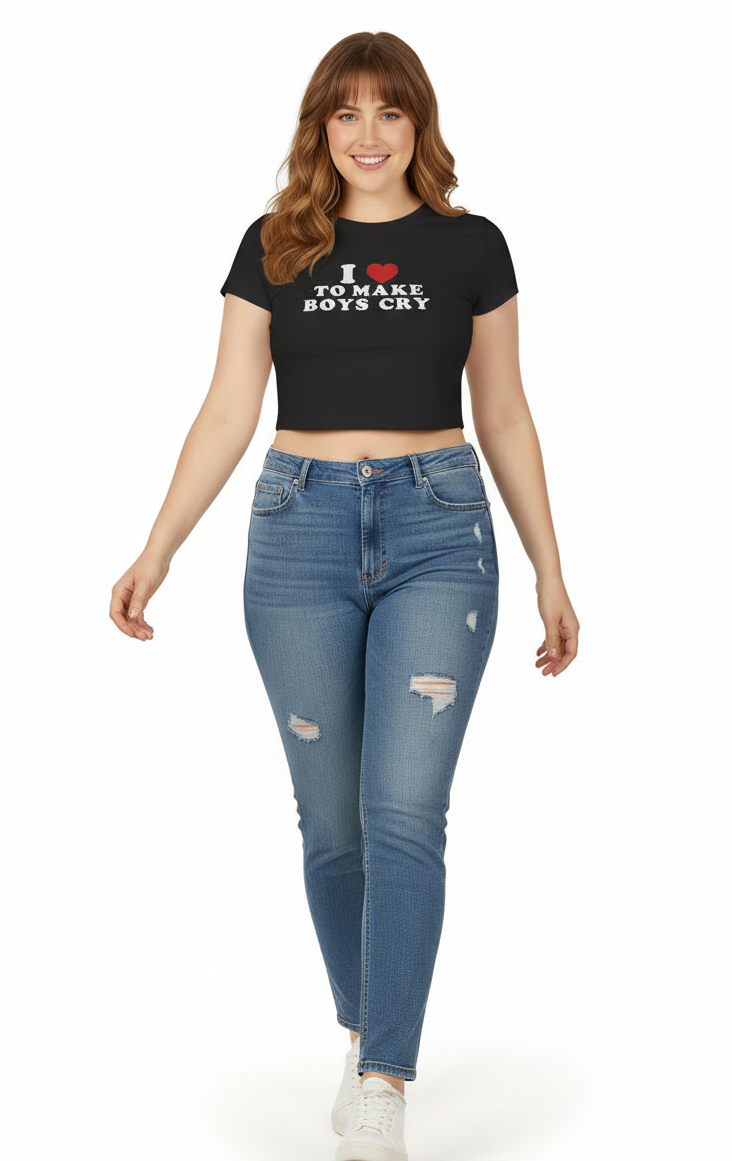 Woman wearing a black t-shirt with text and blue jeans on a white background