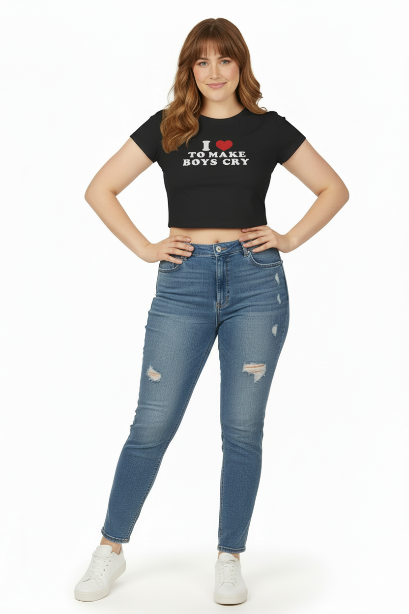 Woman wearing a black t-shirt with text and blue jeans on a white background