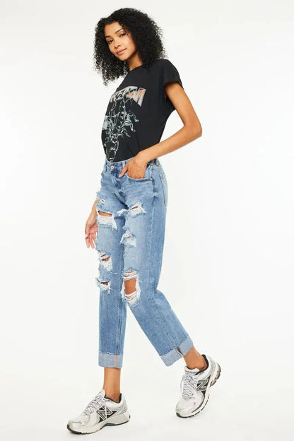 Mid Rise Distressed Kancan Boyfriend Jeans - Medium Wash