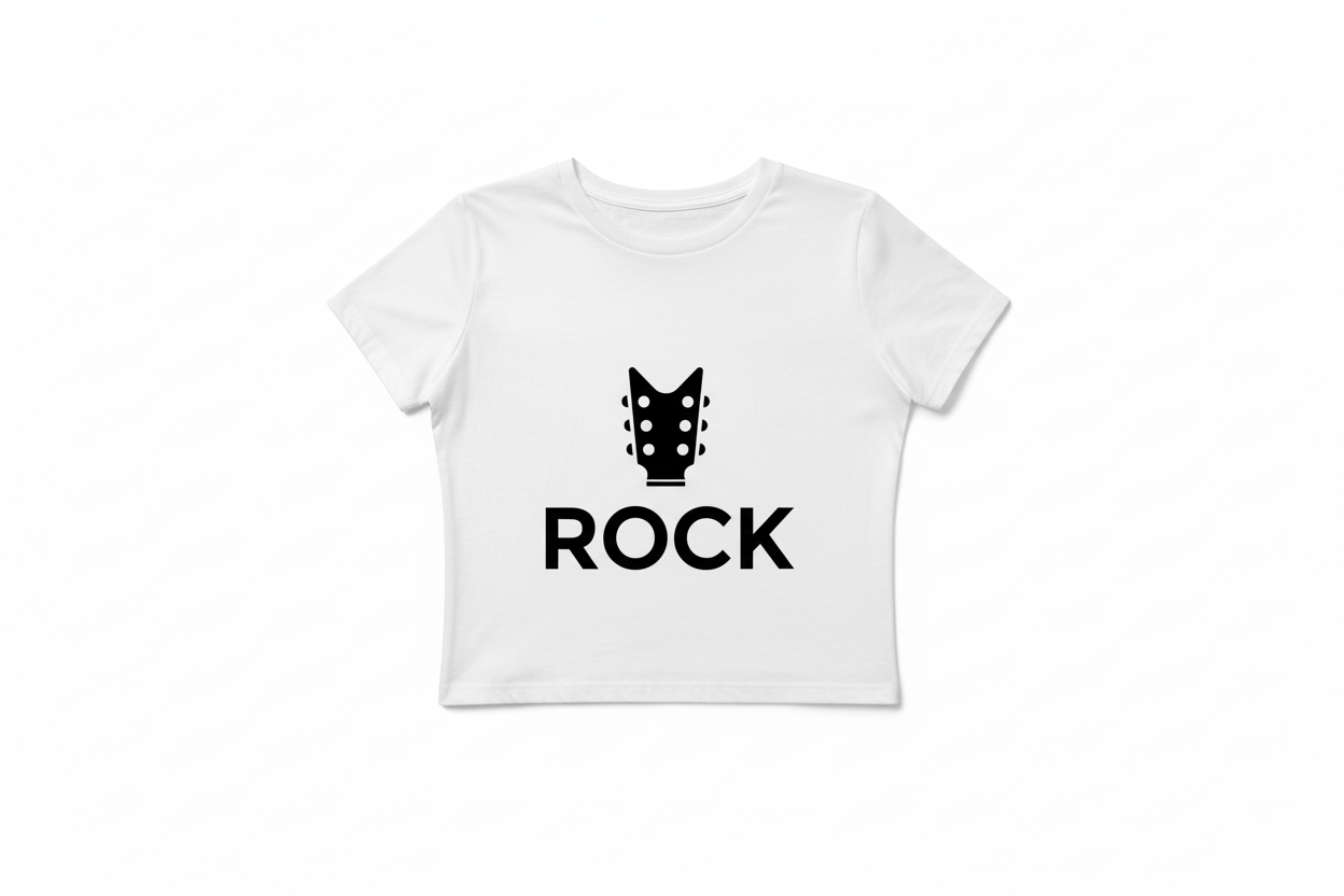 White t-shirt with black 'ROCK' graphic on a white background