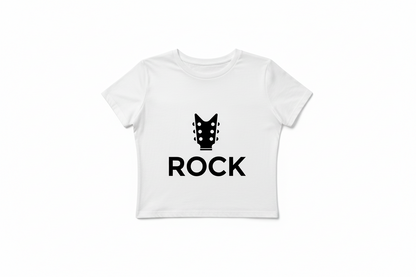 White t-shirt with black 'ROCK' graphic on a white background