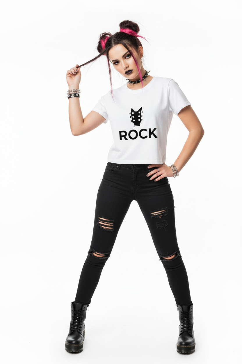 Person wearing a white t-shirt with 'ROCK' text and black ripped jeans on a white background