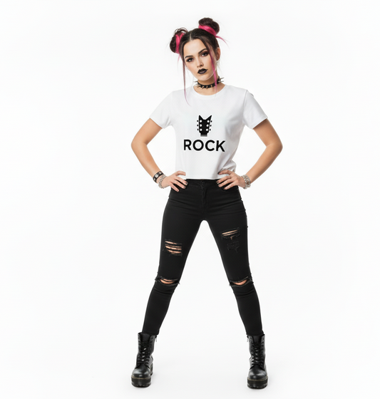 Person wearing a white t-shirt with 'ROCK' printed on it, black ripped jeans, and black boots on a white background.