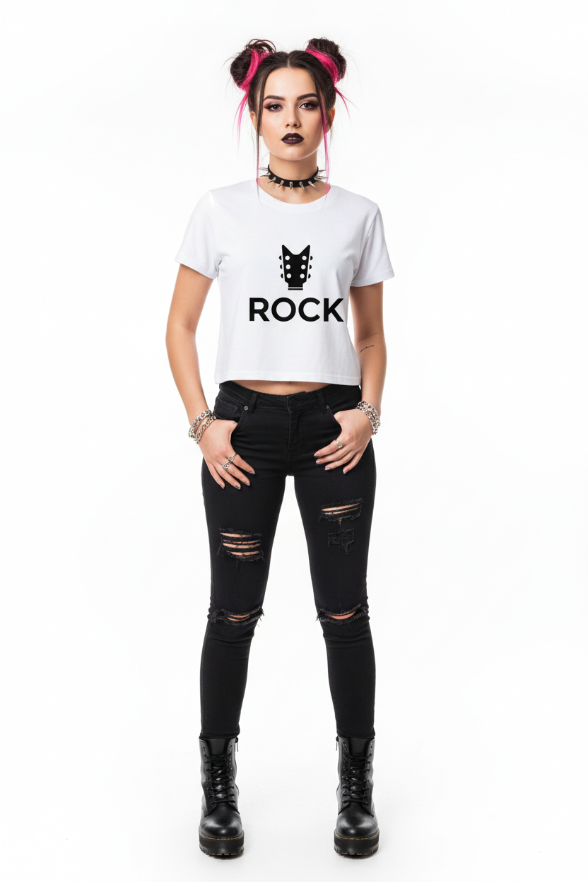 Person wearing a white t-shirt with a black cat logo and 'ROCK' text, paired with black ripped jeans and boots on a white background.