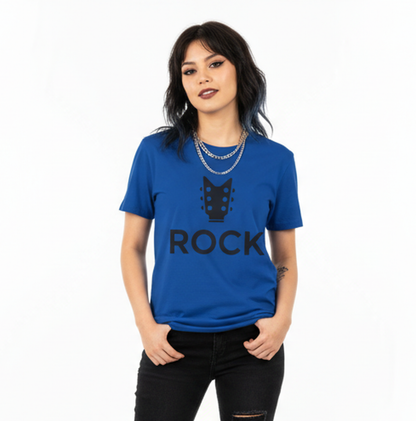 Woman wearing a blue t-shirt with 'ROCK' and a guitar graphic on a white background
