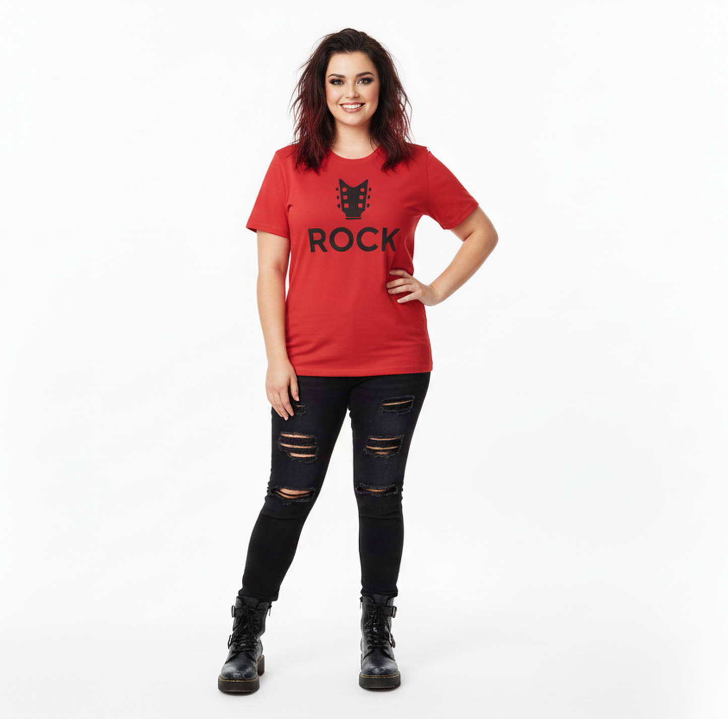 Person wearing a red t-shirt with 'ROCK' and a black graphic design on a white background