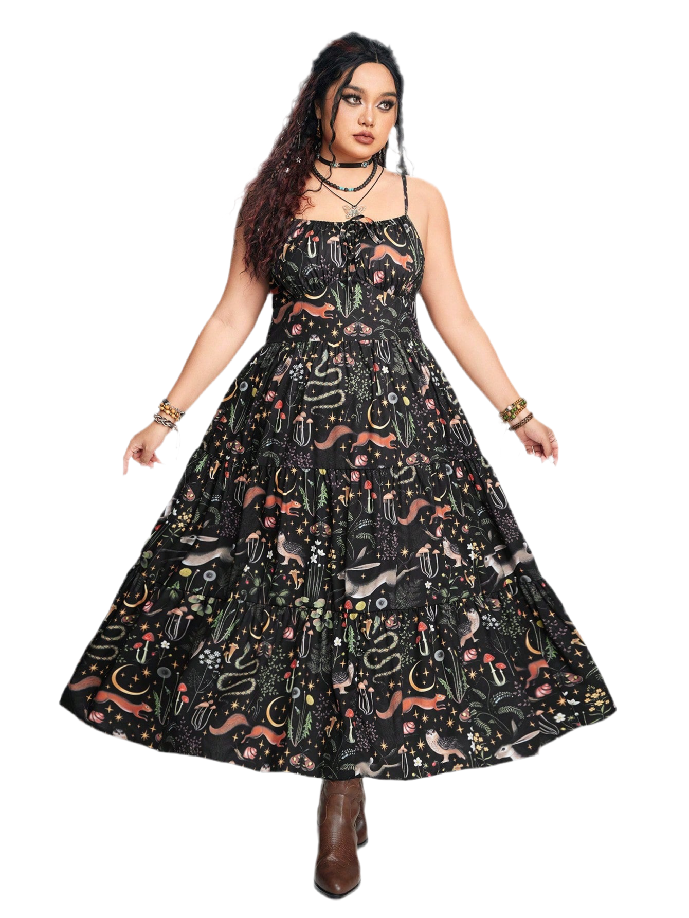 Gothic A-line dress with bunny and botanical print - dark romantic fashion featuring slim fit and inclusive sizing S-5XL