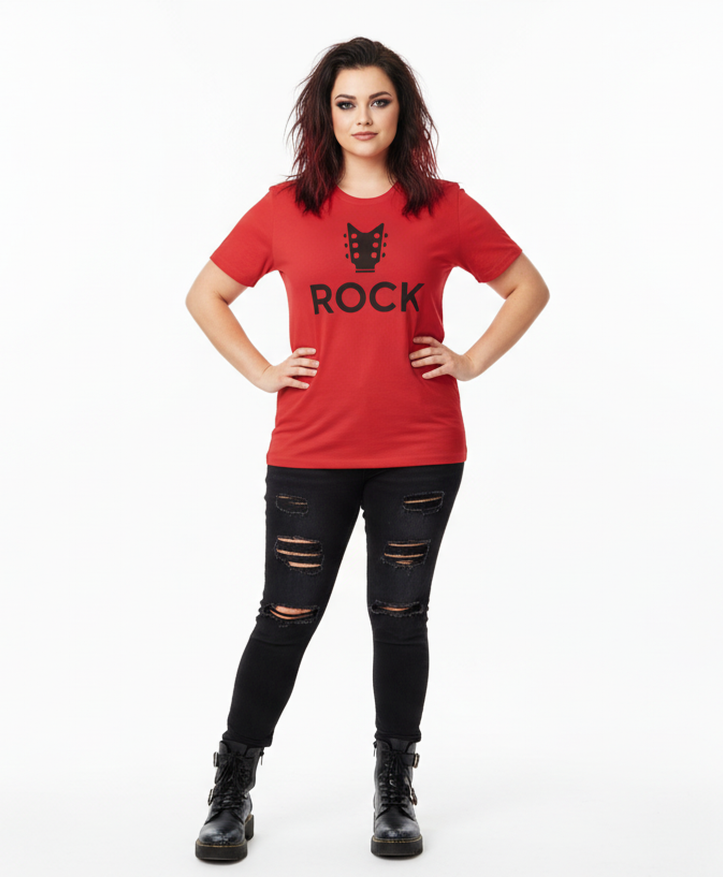 Person wearing a red t-shirt with 'ROCK' and a cat graphic on a white background