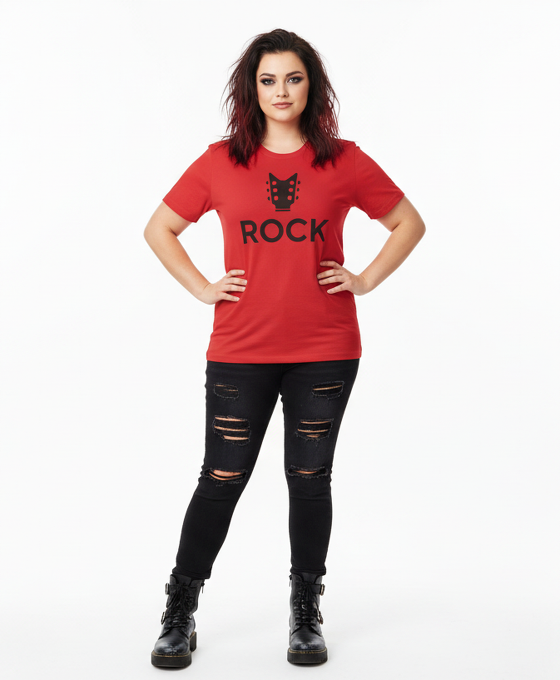 Person wearing a red t-shirt with 'ROCK' and a cat graphic on a white background