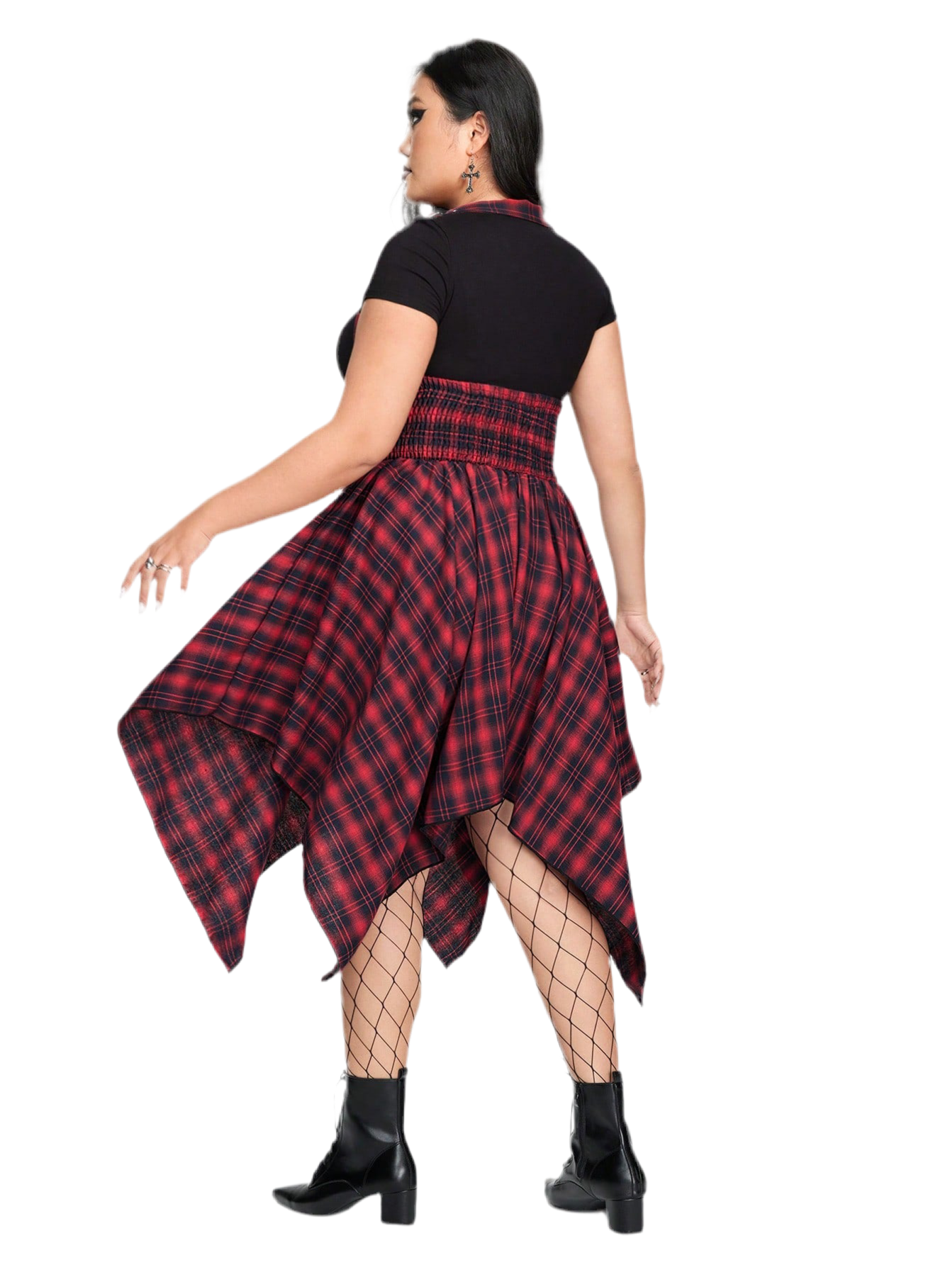 Grunge plaid jumpsuit dress - alternative Valentine's fashion featuring asymmetric hem and inclusive sizing S-5XL