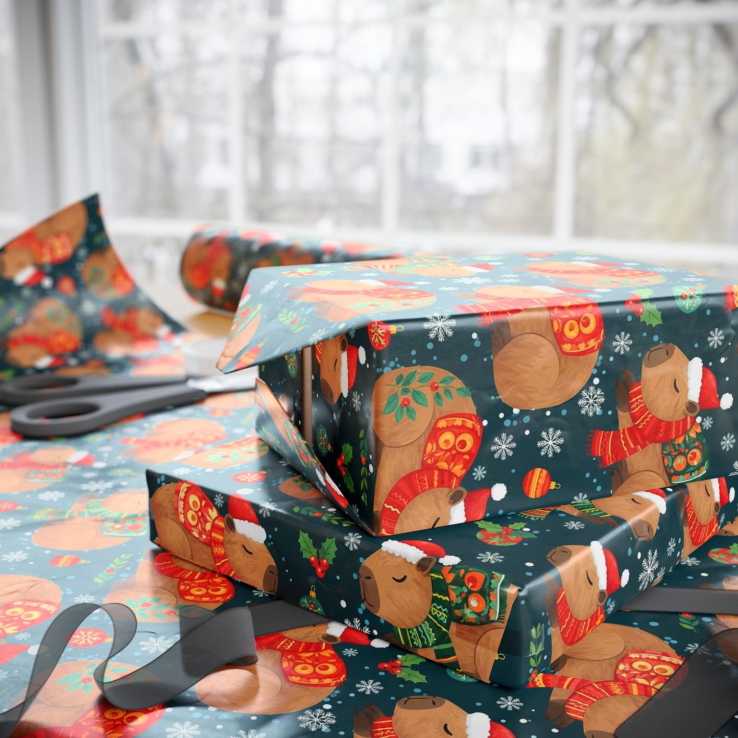 Christmas Capybara Wrapping Paper — Blue Holiday Animal Gift Wrap
