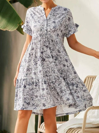 V-neck button-up print short-sleeved dress