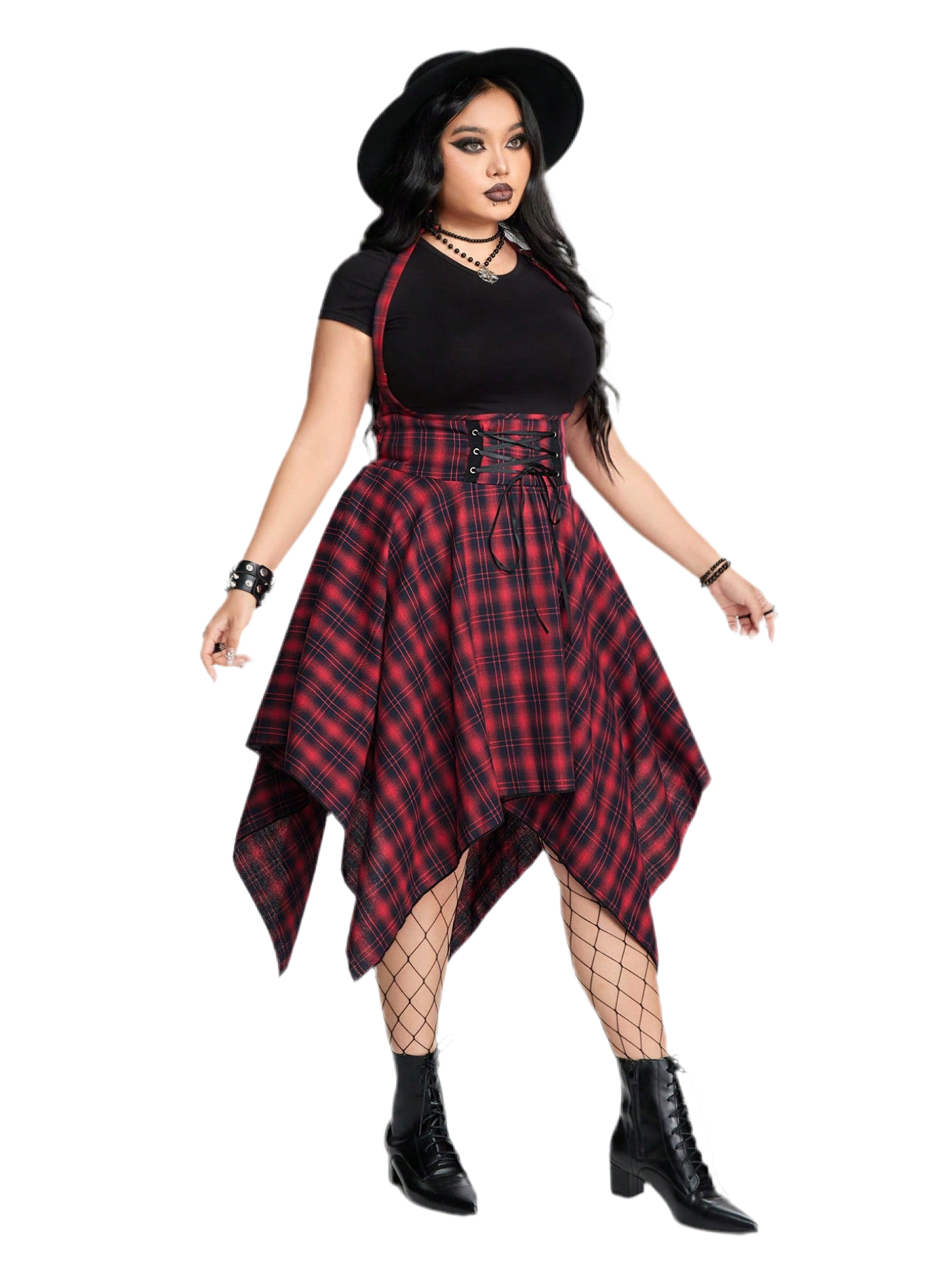 Grunge plaid jumpsuit dress - alternative Valentine's fashion featuring asymmetric hem and inclusive sizing S-5XL