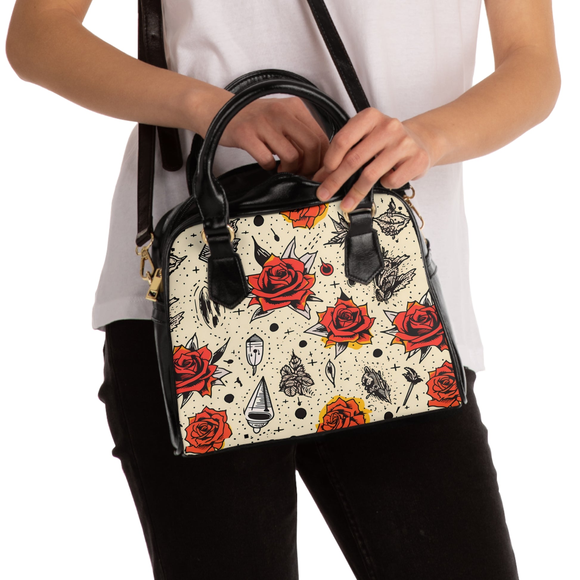 Gothic shoulder bag with enchanted rose design - alternative fashion handbag featuring dark floral pattern and mystical elegance