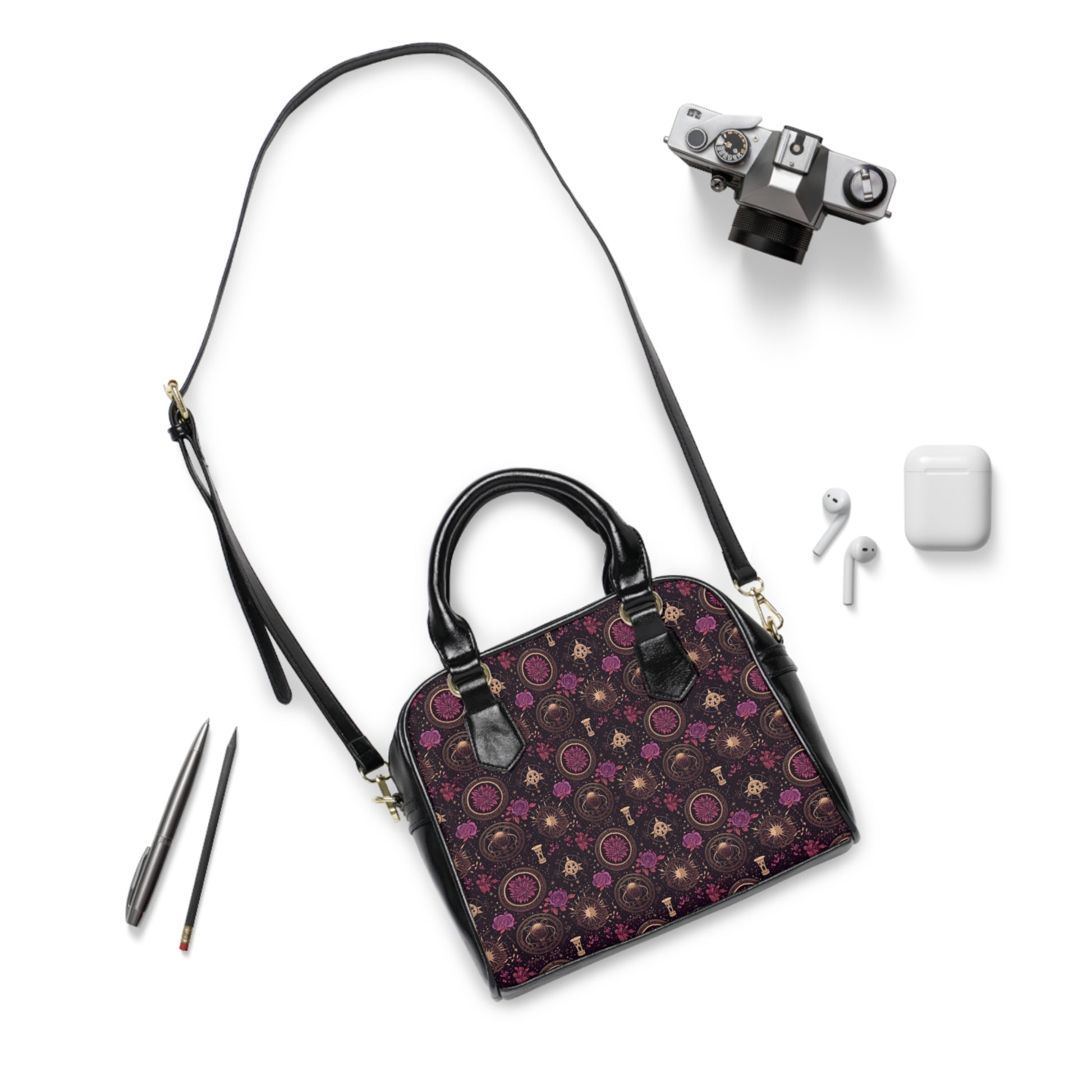 Gothic black handbag with elegant design - alternative fashion accessory featuring sophisticated dark style and practical elegance