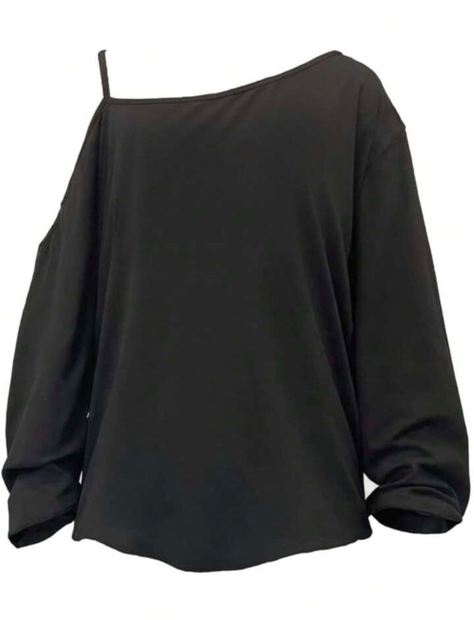 Off-shoulder black sweatshirt with white skull-and-tree design
