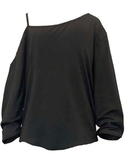 Off-shoulder black sweatshirt with white skull-and-tree design
