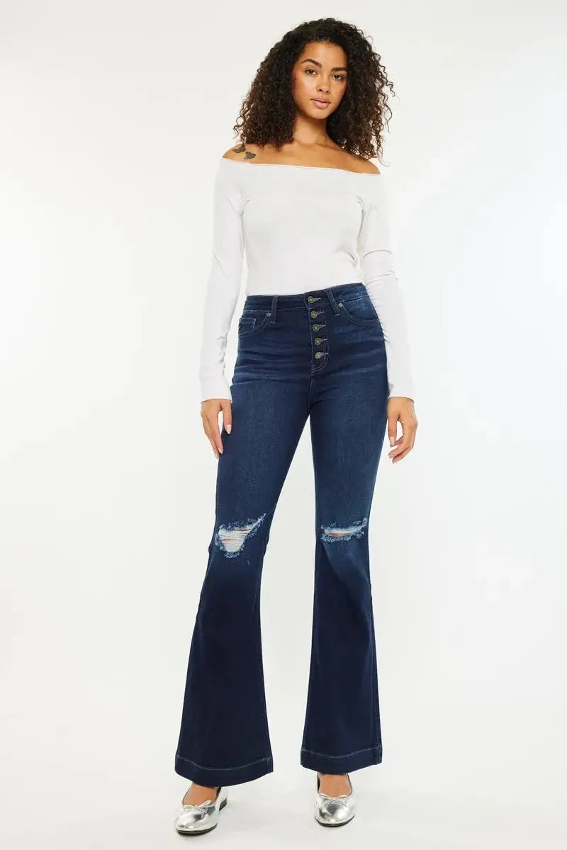 Button Fly High Rise Distressed Kancan Flare Jeans