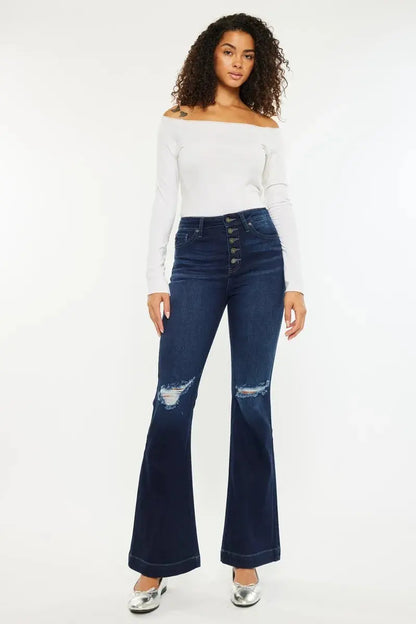 Button Fly High Rise Distressed Kancan Flare Jeans