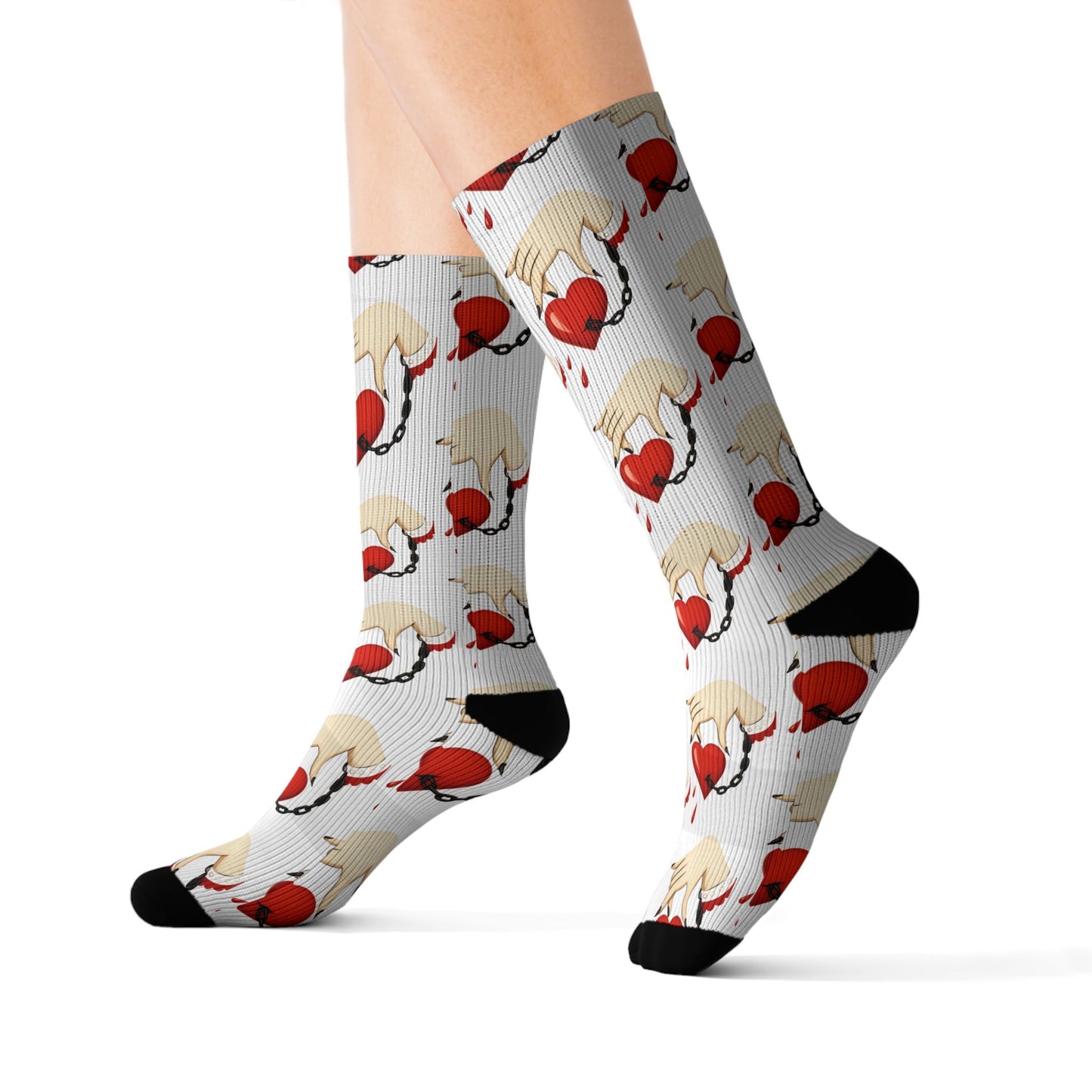 Chained Love Heart Print Crew Socks