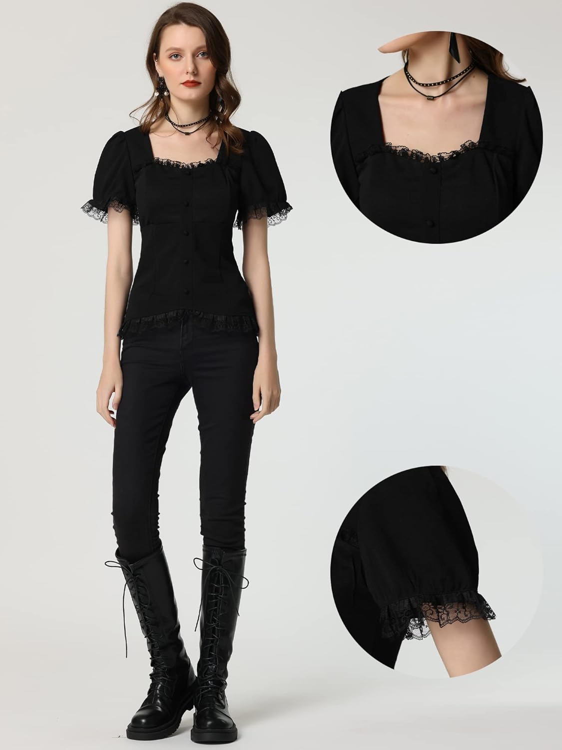 Victorian gothic blouse - dark romantic fashion featuring sweetheart neckline, puff sleeves, and inclusive sizing S-5XL