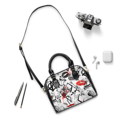 Black punk rock shoulder bag - alternative fashion accessory featuring classic design and practical storage 
Riot Chains gothic handbag with punk chain motif
Alternative fashion gothic chain purse
Edgy punk rock handbag with rebellious design
