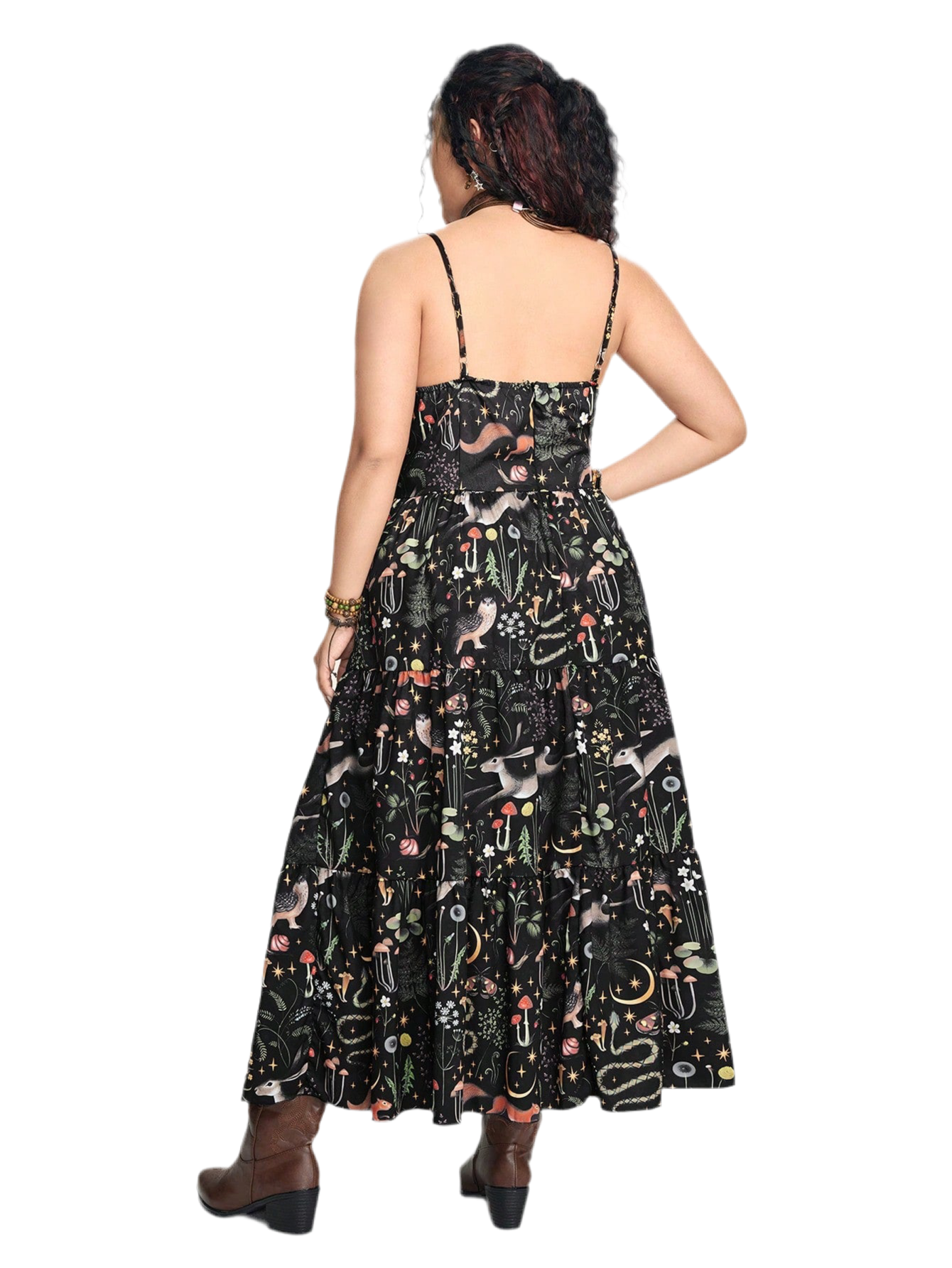 Gothic A-line dress with bunny and botanical print - dark romantic fashion featuring slim fit and inclusive sizing S-5XL