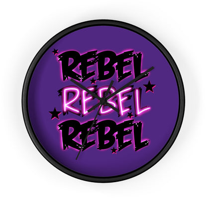 Rock and roll inspired wall clock with REBEL text - music lover's home decor featuring bold design and modern style