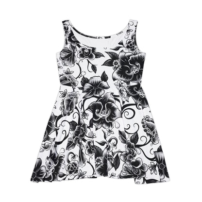 Dark Enchantress gothic dress in flowing black silhouette
Gothic skater dress with tattoo flower print
Alternative fashion dress with floral skull tattoo motif