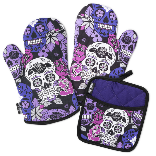 Lilac Sugar Skull Oven Mitts And Potholder Set
