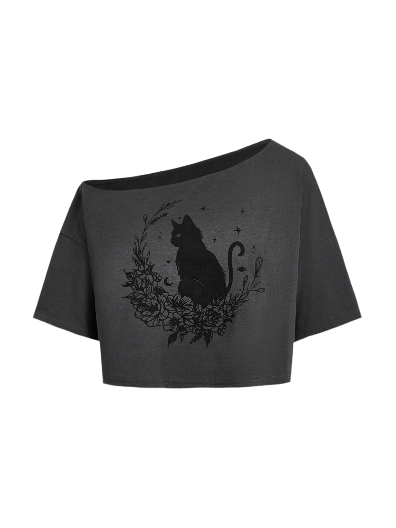 Black gothic crop top featuring mystical black cat silhouette with floral wreath, stars, and crescent moon - alternative fashion S-5XL