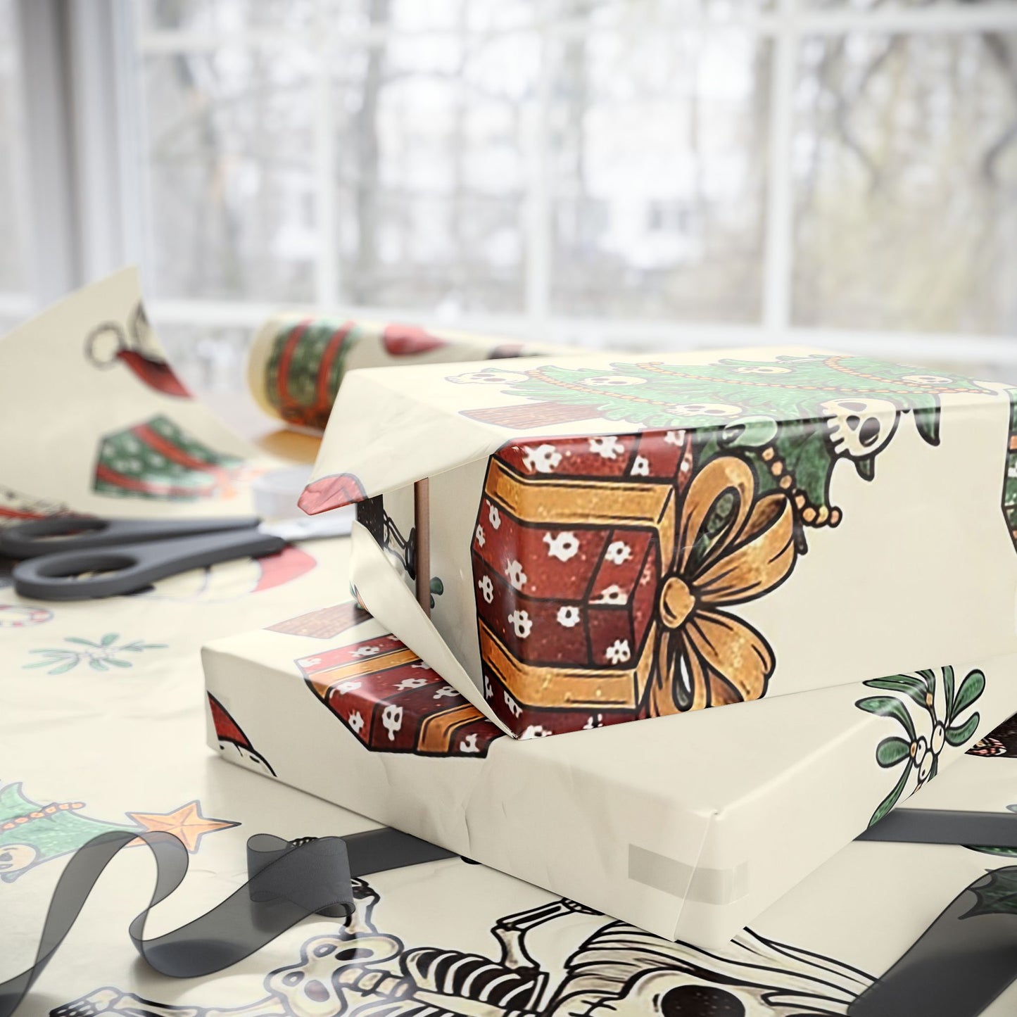 Deck The Halls With Little Skulls In Beige Holiday Gift Wrapping Paper