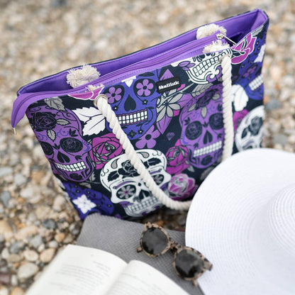 Bolso de playa con calavera de azúcar color lila