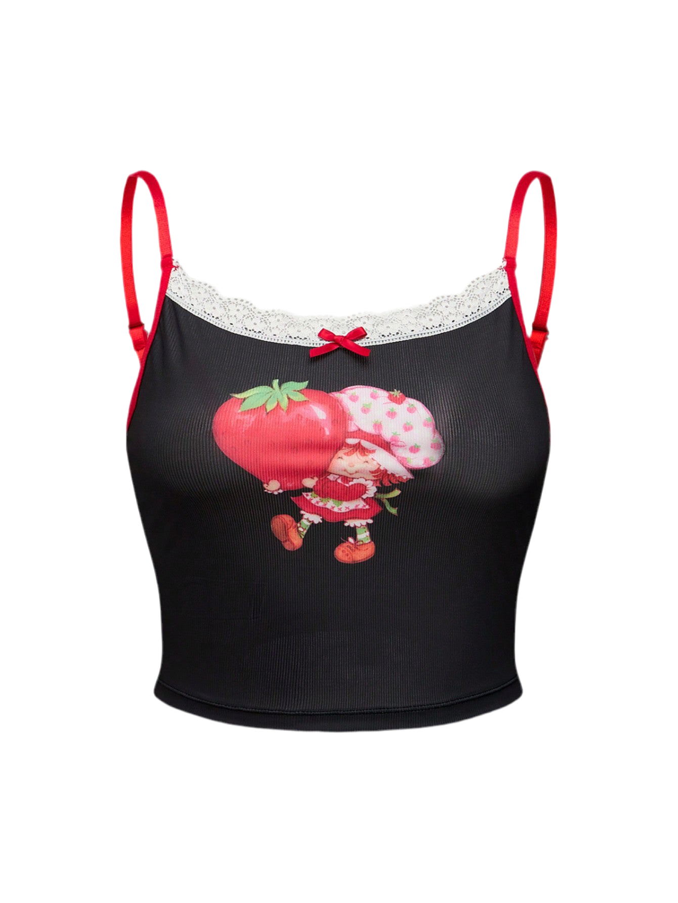 Loungewear top close-up showing detailed strawberry print pattern and fabric texture