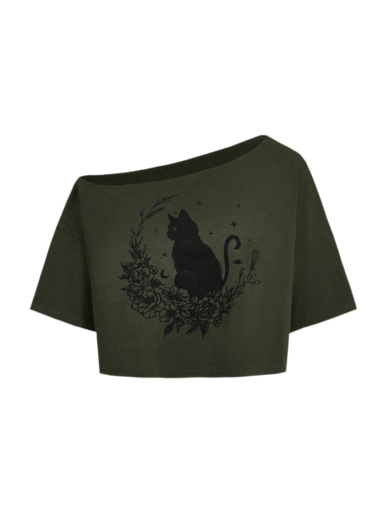 Army green gothic crop top featuring mystical black cat silhouette with floral wreath, stars, and crescent moon - alternative fashion S-5XL