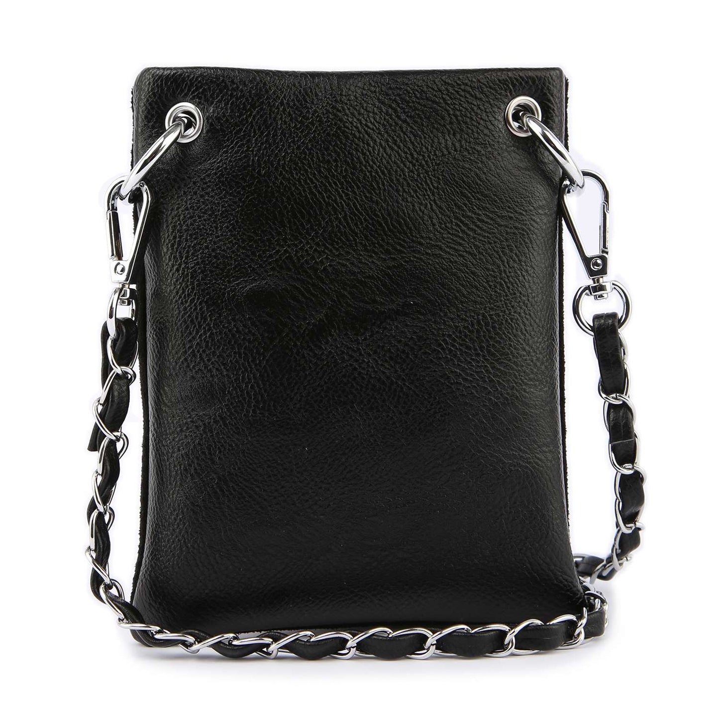Black leather crossbody bag with chain detail on a white background
