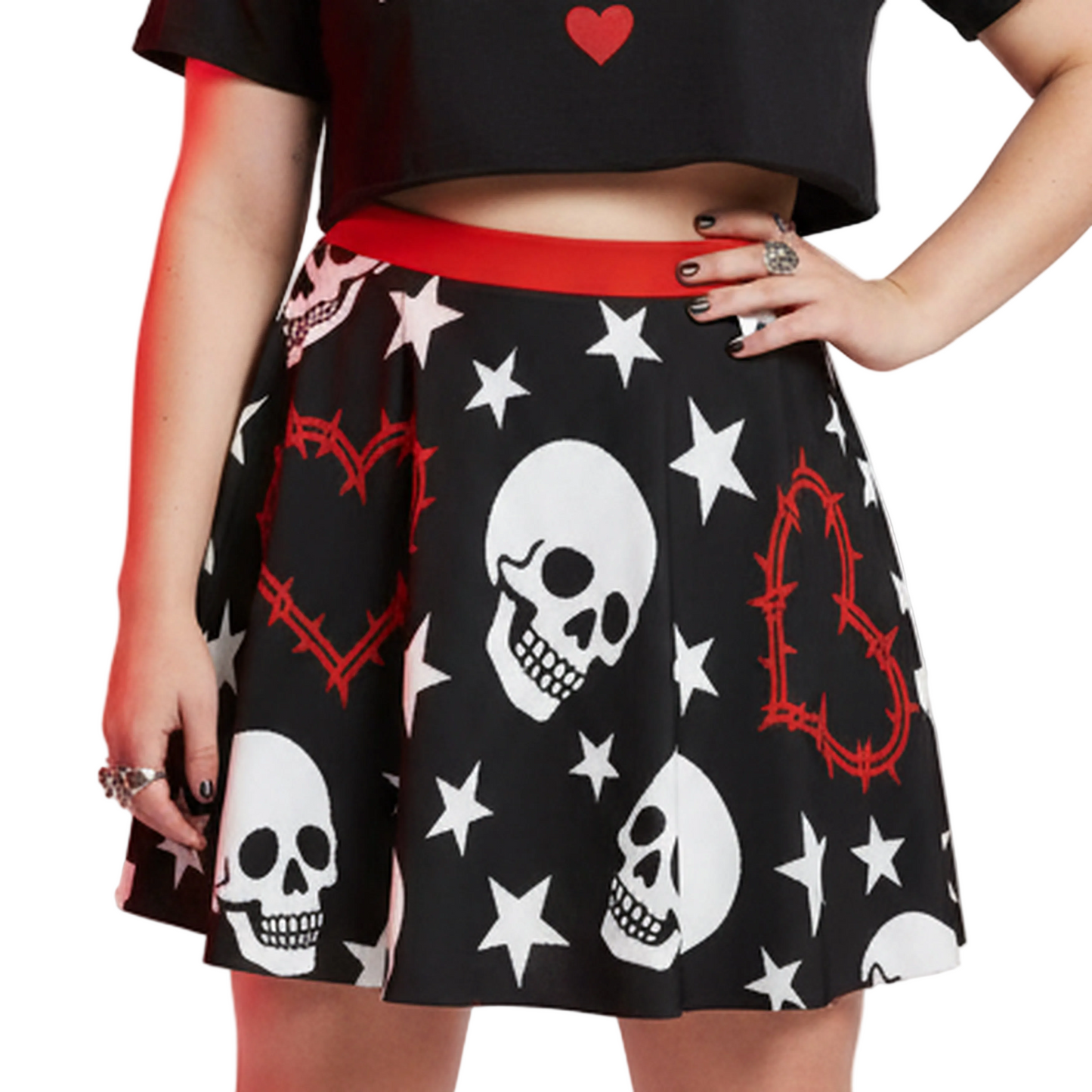 Heartwired Skater Skirt | High-Waisted Flared Mini Skirt (Skulls + Stars + Barbed Hearts)
