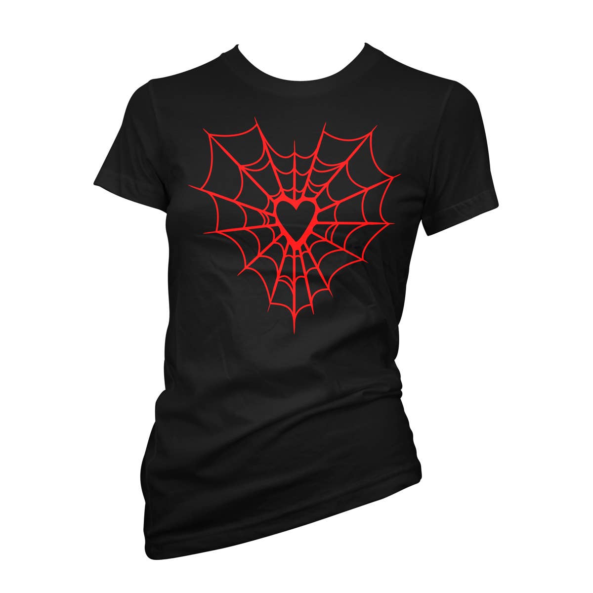 Black t-shirt with a red spider web and heart design on a white background