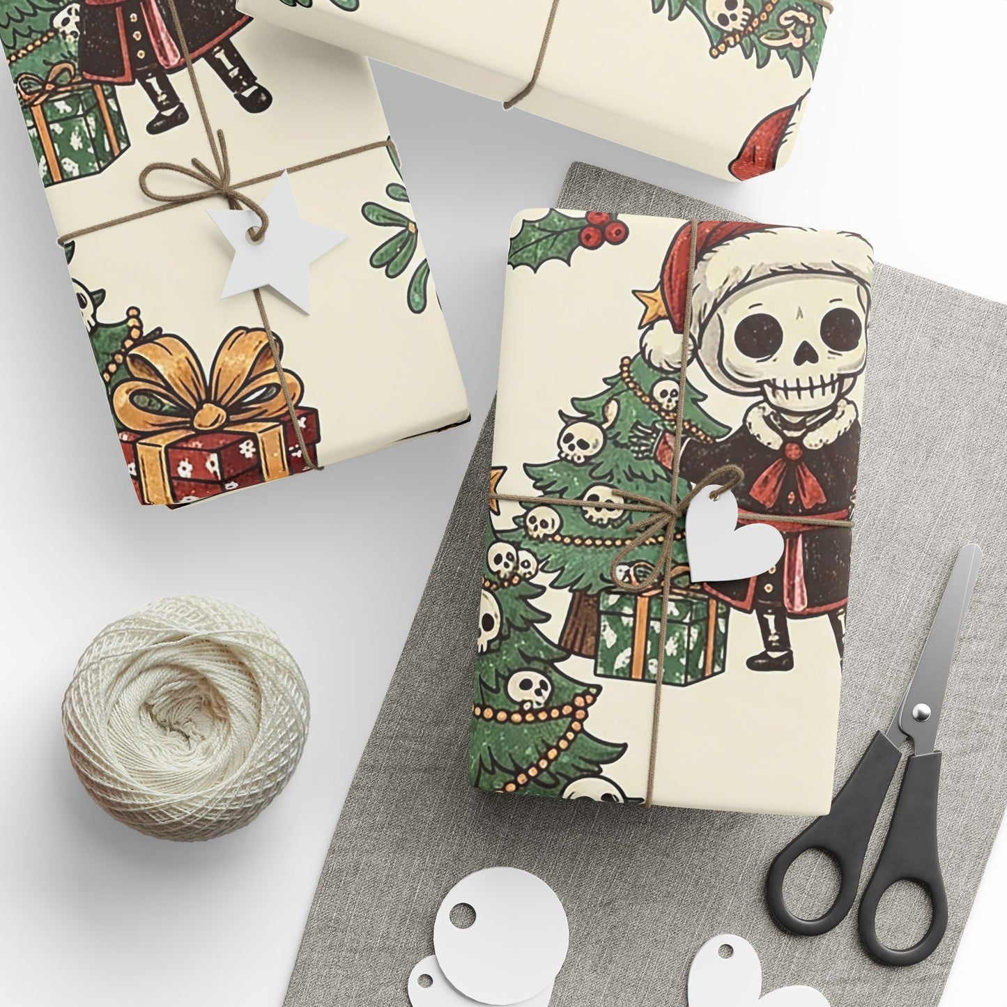Deck The Halls With Little Skulls In Beige Holiday Gift Wrapping Paper