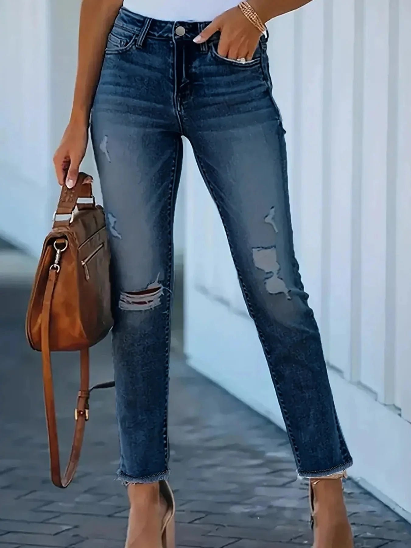High-Waisted Distressed Skinny Jeans