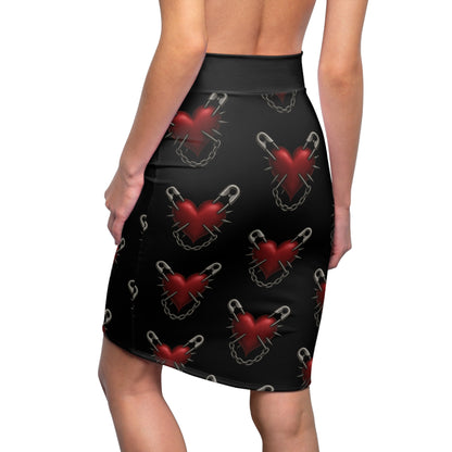 punk rock pencil skirt, gothic heart skirt, bodycon punk skirt, alternative fashion pencil skirt, edgy rocker girl skirt, rebellious gothic outfit