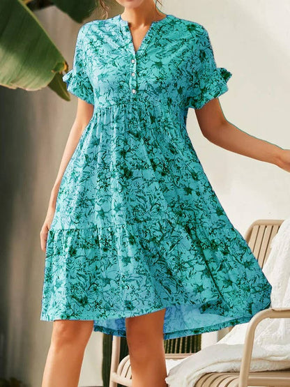V-neck button-up print short-sleeved dress