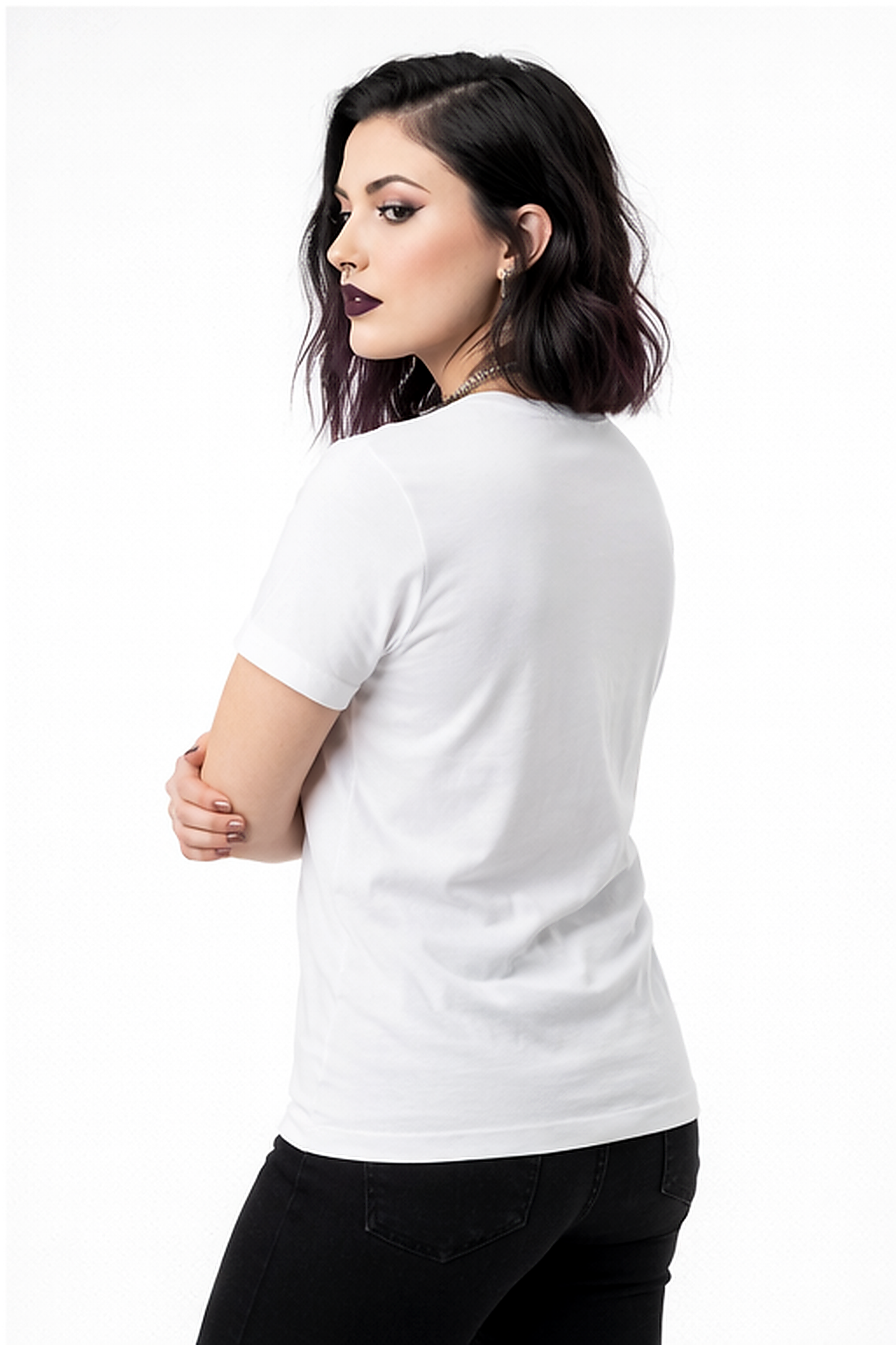 Woman wearing The Midnight Skull Tee angle from the back. 