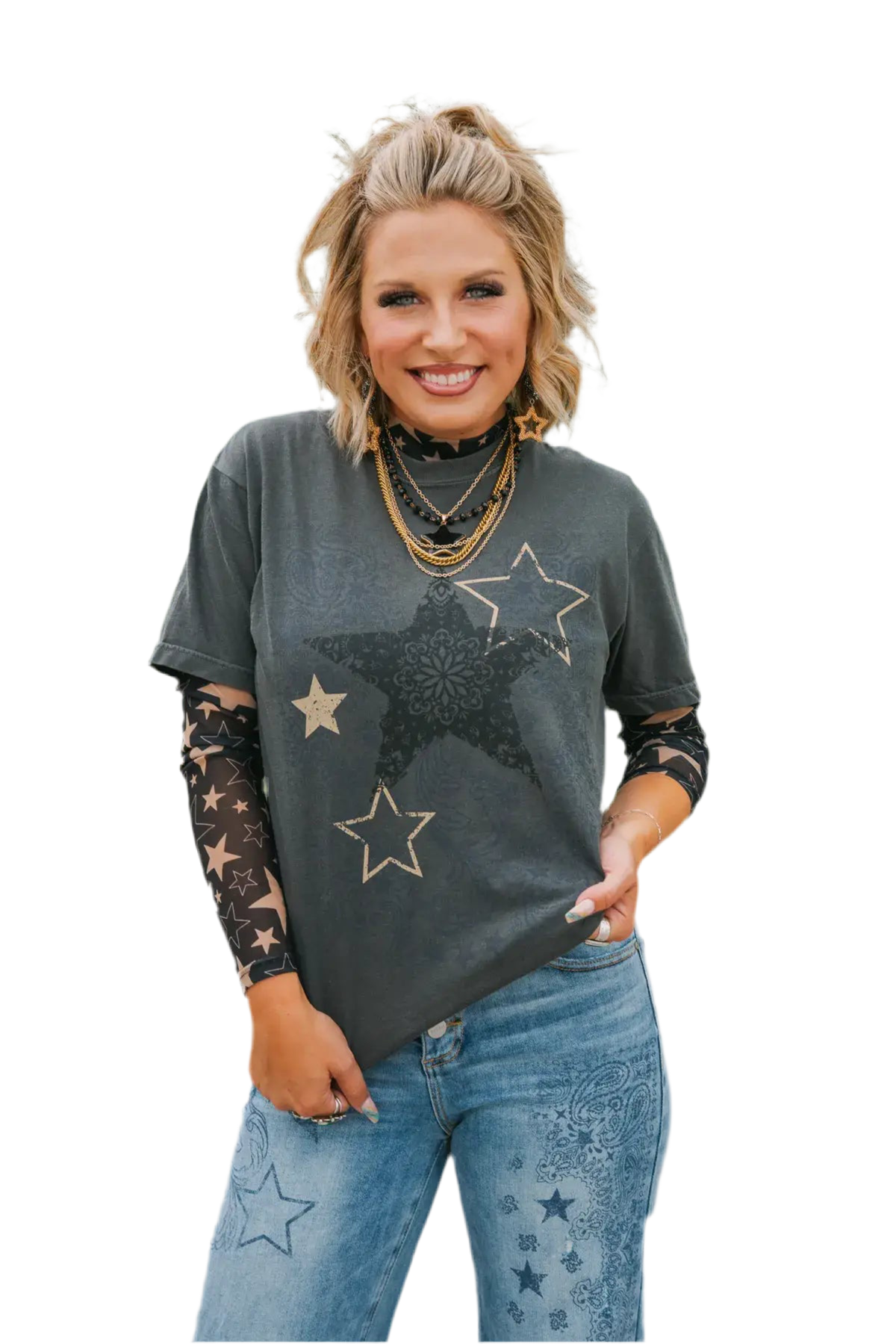 Paisley Riot Tee — black and white paisley star print shirt
Gothic paisley t-shirt with star motif in punk rock style
Alternative fashion tee with paisley and star design
