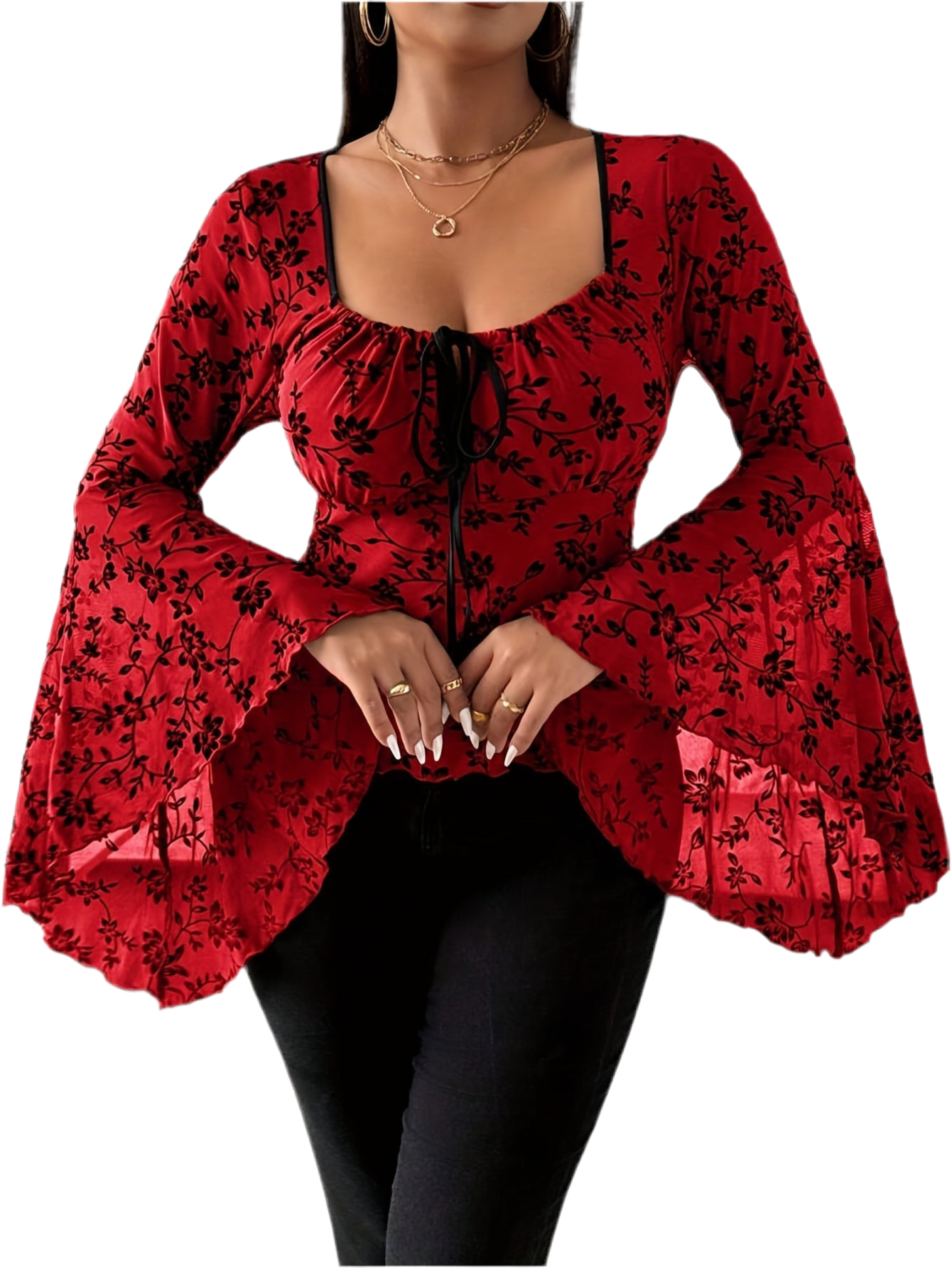 Blood Blossom gothic floral top with puffed sleeves and bows
Alternative fashion gothic blouse in crimson floral print
Edgy punk rock top with gothic romantic elegance
