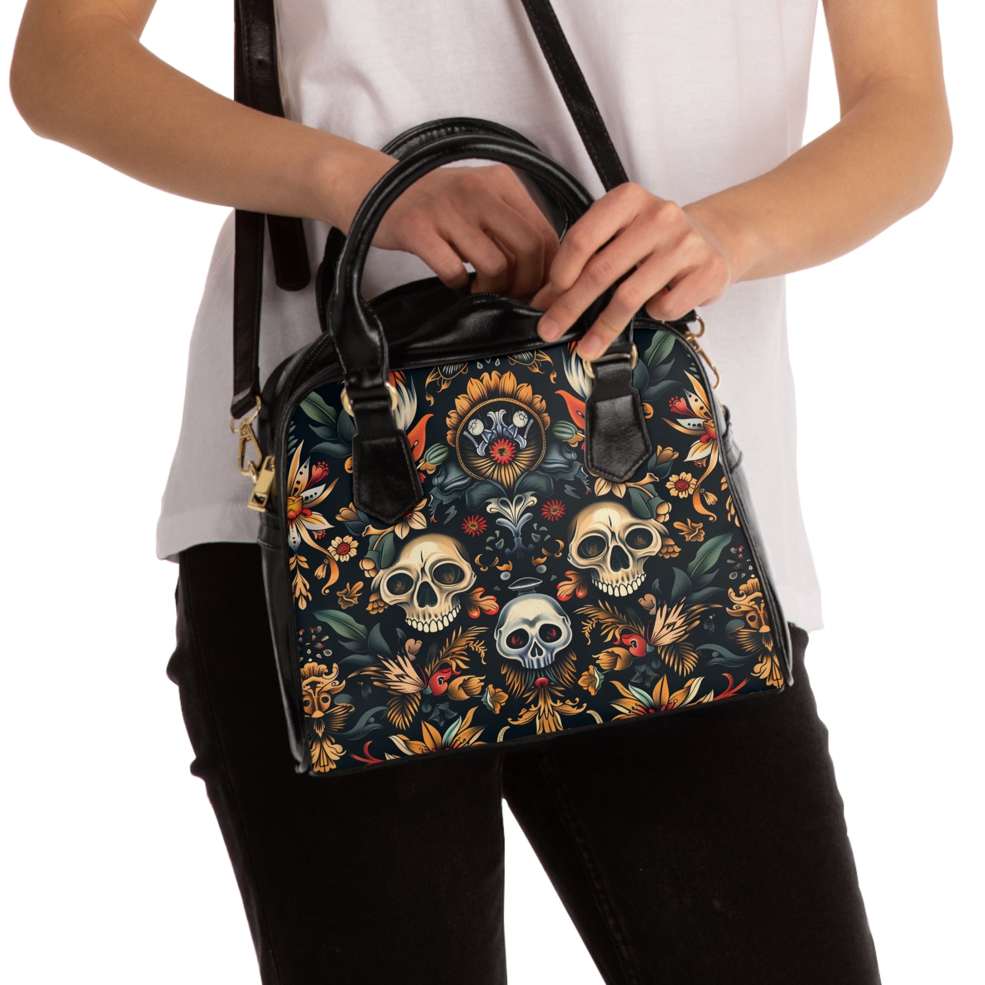 Gothic shoulder bag with skeleton design - alternative fashion handbag featuring macabre bone pattern and dark elegant style