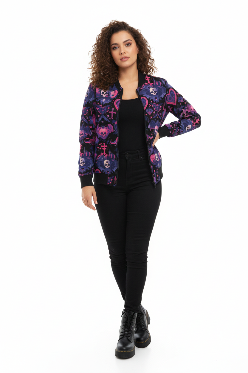 Phantom Clash bomber jacket with gothic edge

Alternative fashion punk rock bomber jacket

Edgy gothic bomber jacket in phantom black