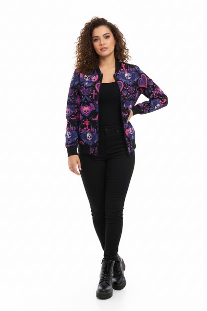 Phantom Clash bomber jacket with gothic edge

Alternative fashion punk rock bomber jacket

Edgy gothic bomber jacket in phantom black