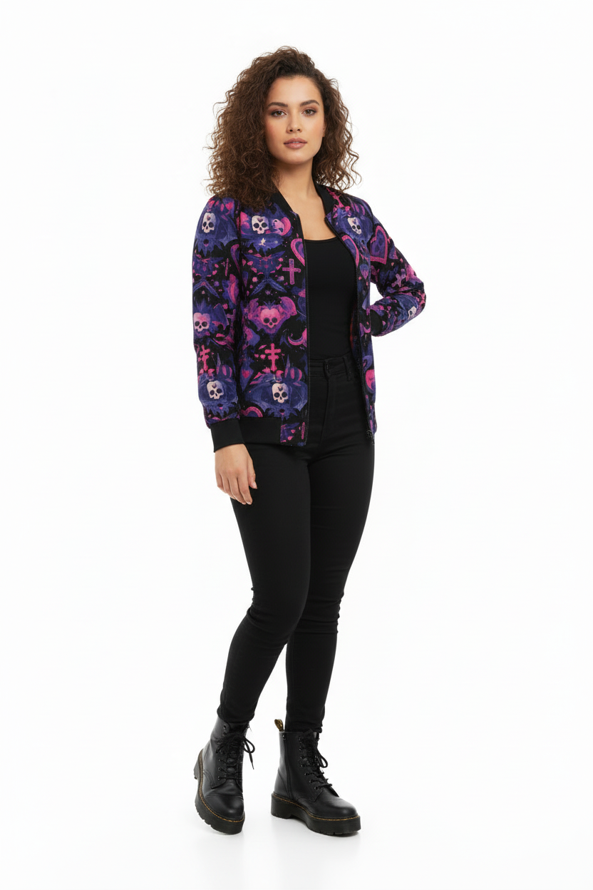 Phantom Clash bomber jacket with gothic edge

Alternative fashion punk rock bomber jacket

Edgy gothic bomber jacket in phantom black